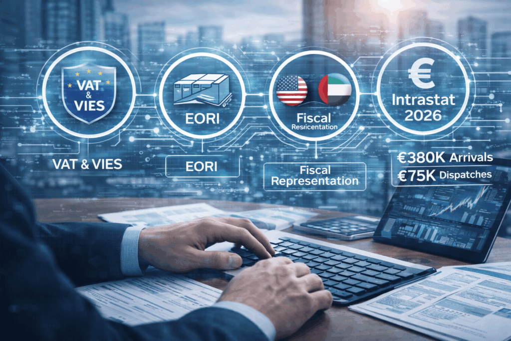 accountant specialist calculating VIES; checking EORi and intrastat 2026
